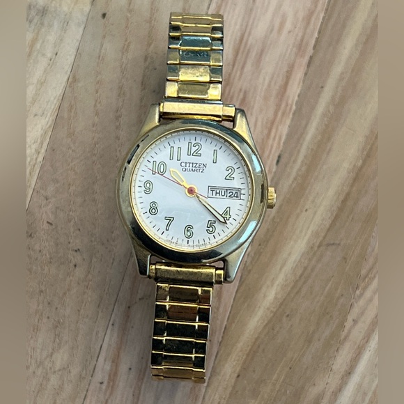 Citizen Ladies Watch Vintage Gold Tone Stretch Bracelet White Dial Date Window - Picture 4 of 8